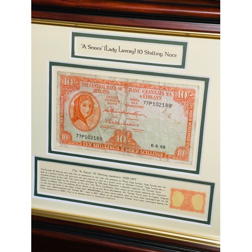 653 - Original 'A' Series Lady Lavery 10 Shilling Note Dated 6-6-68 Framed Presentation