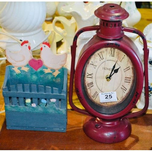 25 - Ornate Mantel Clock + Chicken Motif Letter Holder