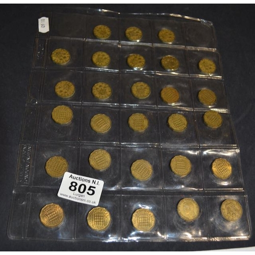 805 - Sheet Of 28 x Brass Threepences + I.O.M Worlds First 20p Coin