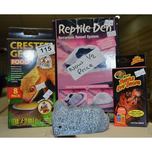 115 - Reptile Den + Gecko Food + Eye Drops + Wet Rock