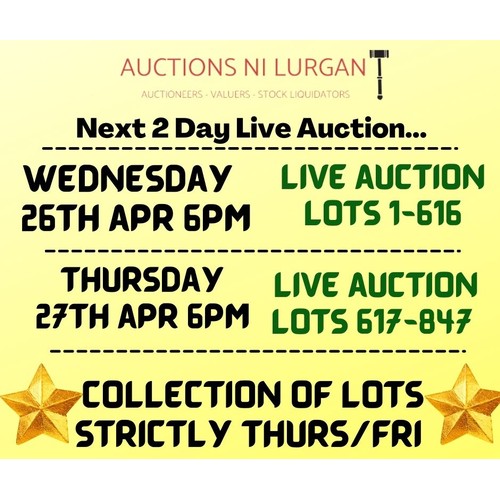 1 - Day 1 - Wed 26th Apr 6pm - Lot 1-616
Day 2 - Thurs 27th Apr 6pm - Lot 617-847