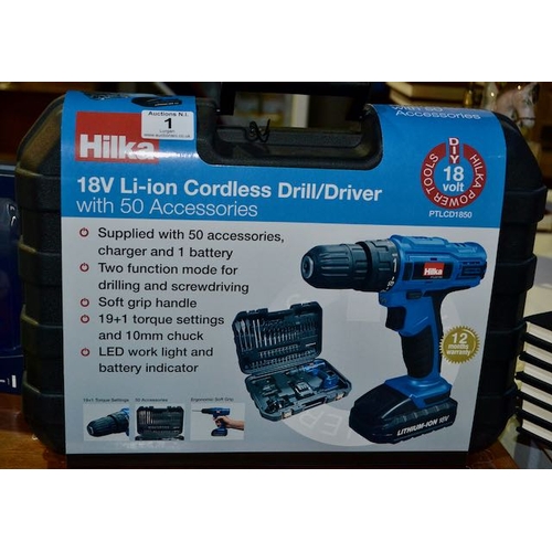 1 - Hilka 18v Li-Ion Cordless Drill/Driver With 50 Accessories - Box Sealed