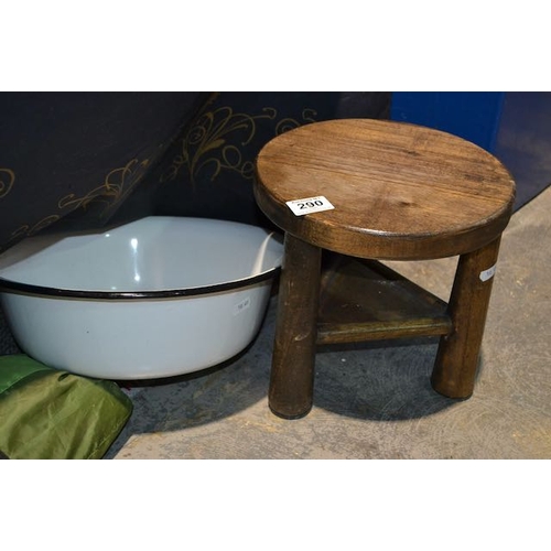 290 - Wooden Milking Stool + Large Enamel Bowl