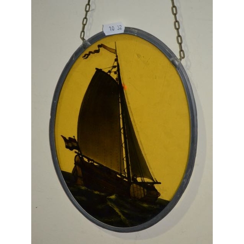 365 - Oval Stained Glass Hanging - Ship