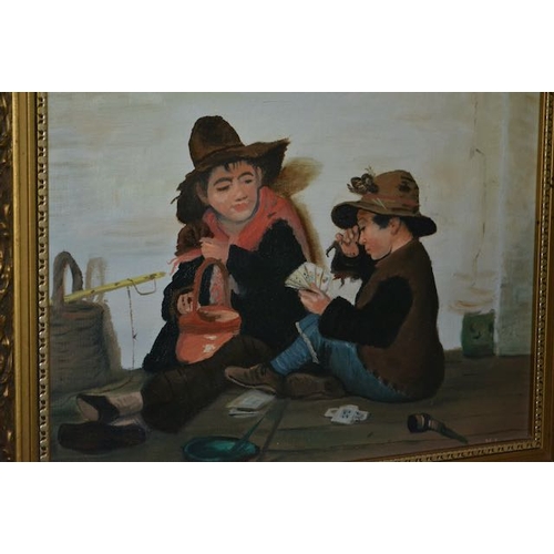 390 - Gilt Framed Oil On Board - Card Game