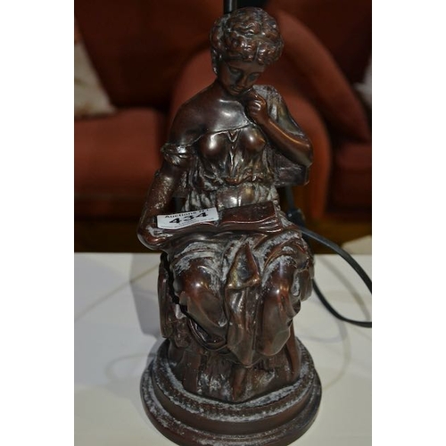 434 - Heavy Bronzed Figurine Table Lamp With Tulip Shade