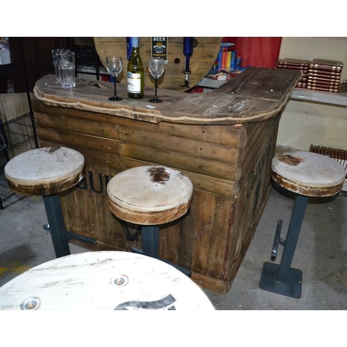 438 - Rustic L Shaped Guinness Bar with Matching Wall Shelf with Optics + 3x Cast Base Hyde Bar Stools