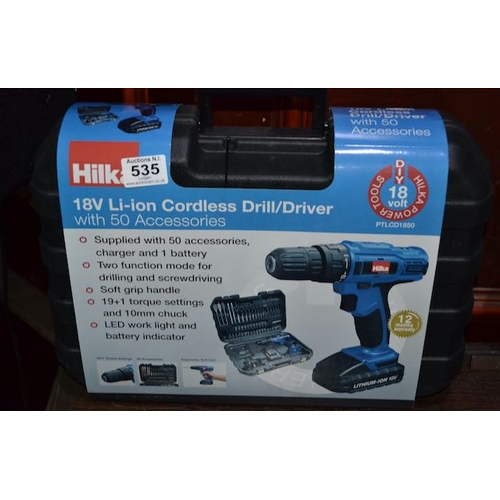 535 - Hilka 18v Li-Ion Cordless Drill/Driver With 50 Accessories - Box Sealed