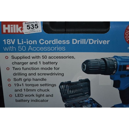 535 - Hilka 18v Li-Ion Cordless Drill/Driver With 50 Accessories - Box Sealed