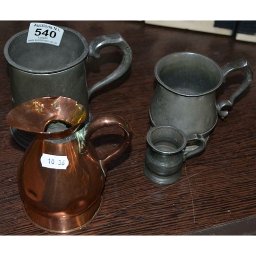 540 - 3 x Pewter Tankards + Copper Jug