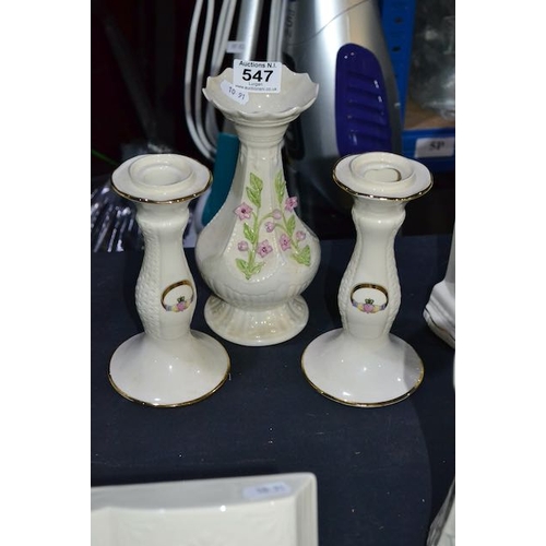 547 - Belleek Vase + Pair Of Donegal China Candle Sticks