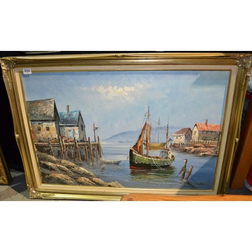 609 - Large Gilt Framed Harbour Scene Oil Painting