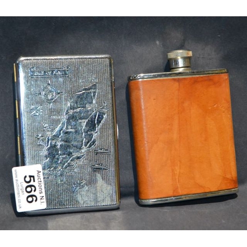 566 - Hip Flask + Isle Of Man Cigarette Tin