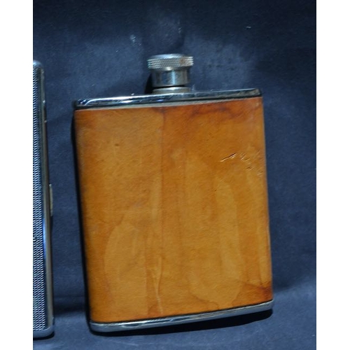 566 - Hip Flask + Isle Of Man Cigarette Tin