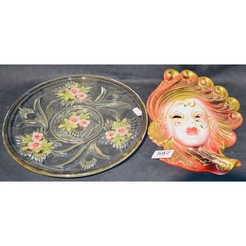 597 - Hand Painted Glass Plate + Decorative Ceramic Mask