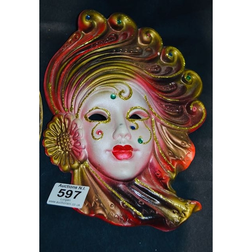 597 - Hand Painted Glass Plate + Decorative Ceramic Mask