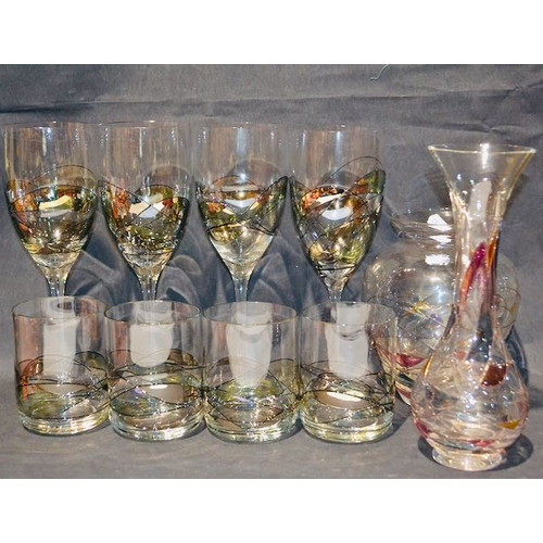 599 - Stimas Coloured Glass Set - Whiskey Tumblers & Wine Glass + Vase