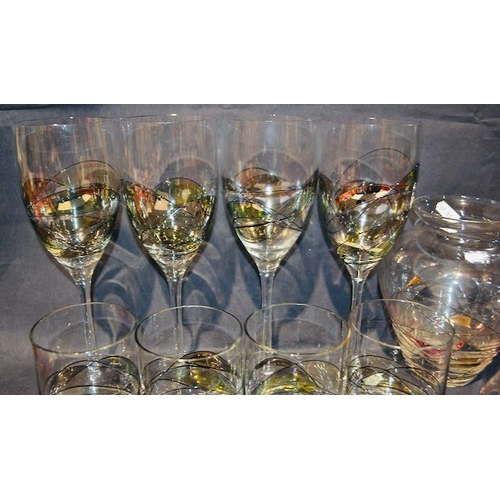 599 - Stimas Coloured Glass Set - Whiskey Tumblers & Wine Glass + Vase