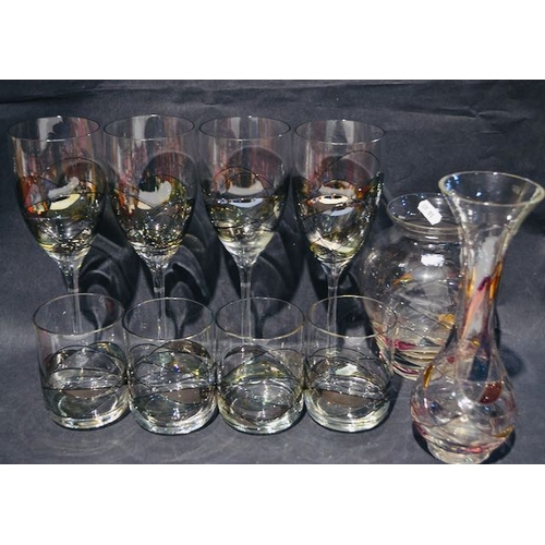 599 - Stimas Coloured Glass Set - Whiskey Tumblers & Wine Glass + Vase