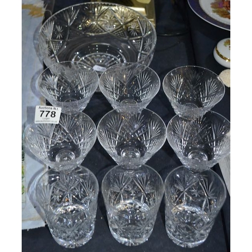 778 - Crystal Whisky Tumblers + Glass Desert Dishes + Bowl