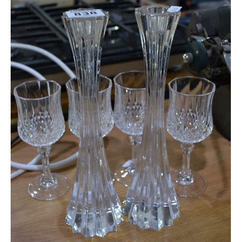 838 - Tpperary Crystal Candlestick x 2 + 4 x Wine Glasses