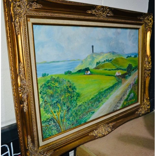 558C - Large Gilt Framed J. Coulter Greer Oil Painting - Scrabo Tower