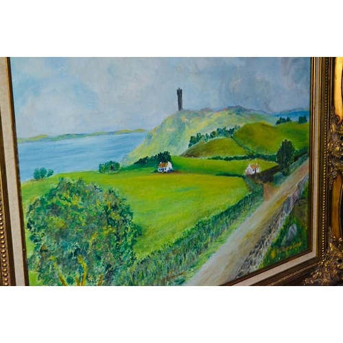 558C - Large Gilt Framed J. Coulter Greer Oil Painting - Scrabo Tower