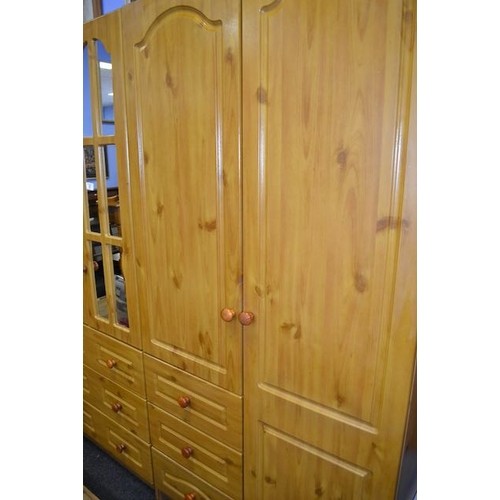 37 - Long Pine Bedroom Wardrobe Suite - 3 Pieces - 3 Wardrobes, Mirrors, 9 Drawers