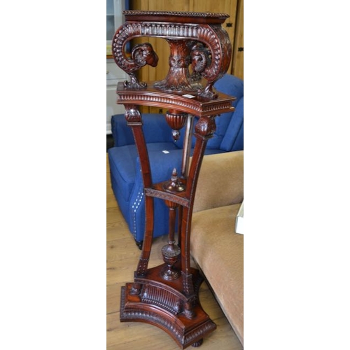 181 - Tall Mahogany Heavily Carved Plant Stand with Rams Head Detail