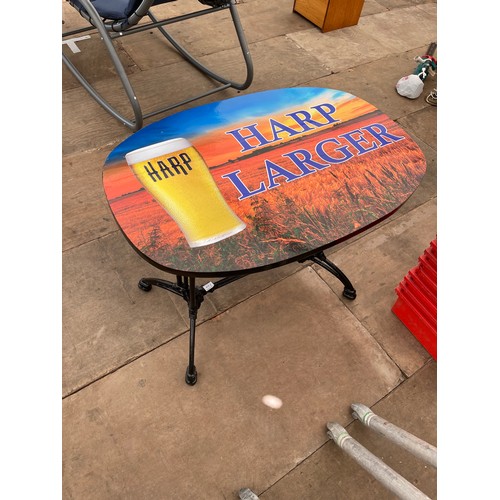 204 - Rectangular Ornate Cast Base Bar Table with Harp Lager Top