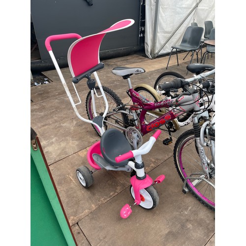 237 - Smoby Pink & White Kids Push Along Trike with Shade