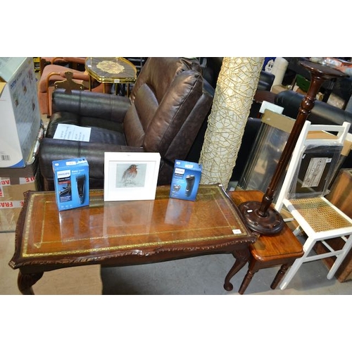 98 - Leather Inlaid Coffee Table With Glass Top + Ornate Wooden Plant Stand + Occasional Table