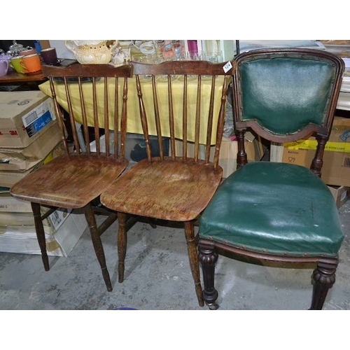 124 - Pair Of Stick Back Chairs + Green Leather Vintage Chair On Casters