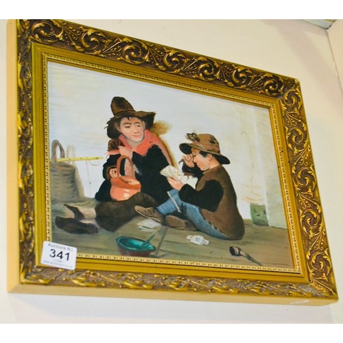 341 - Gilt Framed Oil On Board - Card Game