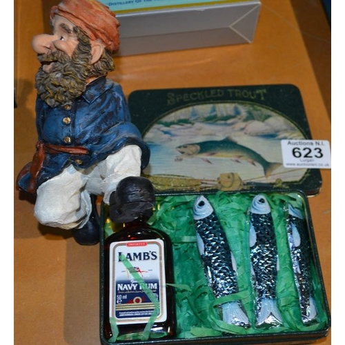 623 - The Speckled Trout Lamb's Navy Rum Gift Tin + Fisherman Bottle Stand