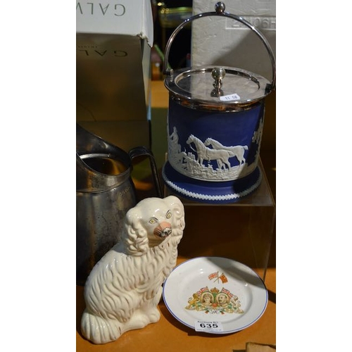 635 - Tunstall Cermaic Lidded Barrel, Hearth Dog + 1935 Silver Jubilee Commemorative Plate