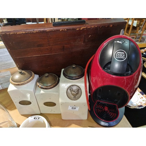 66 - Trio Of Vintage Ceramic Lidded Canisters - Sugar, Coffee & Rooster + Nescafe Dulce Gusto Coffee Mach... 