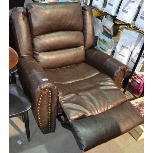 203 - Brown Leather Manual Reclining Armchair With Stud Detail - Ex Showroom Display