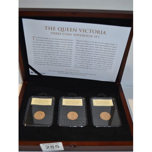 285 - The Queen Victoria Three Coin 22ct Gold Sovereign Set - Young Head Sovereign 1886, Jubilee Head Sove... 