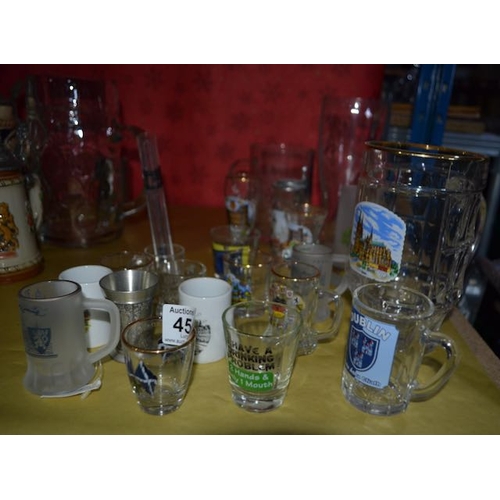 456 - Lot of Shot Glasses - Places of the World + Tankards + Glass Boot