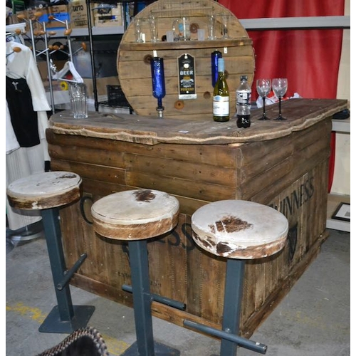 467 - Guinness Corner Bar with Accessories, Rope Lights, 3 Cast Base Hyde Stools + Wall Shelf with Optics