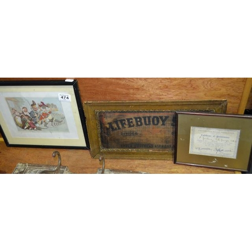 474 - Vintage Lifebuoy Sign, Irish Amateur Boxing Certificate + John Bull Going to Wars Vintage Print