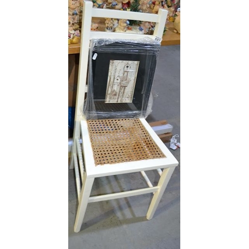 697 - White Wicker Seated Chair + Framed Print