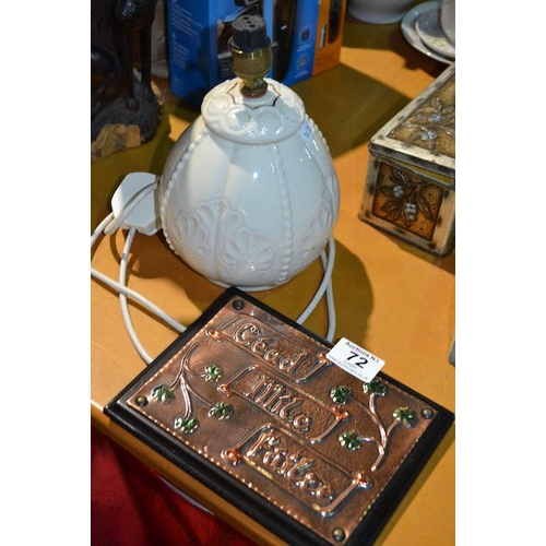 72 - Belleek Table Lamp + Copper Céad Míle Fáilte Plaque