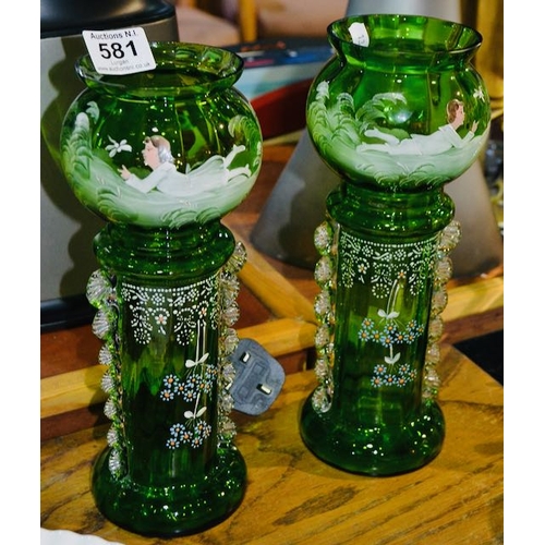 581 - Pair of Mary Gregory? Emerald Blown Glass Vase with Crimped Rigoree