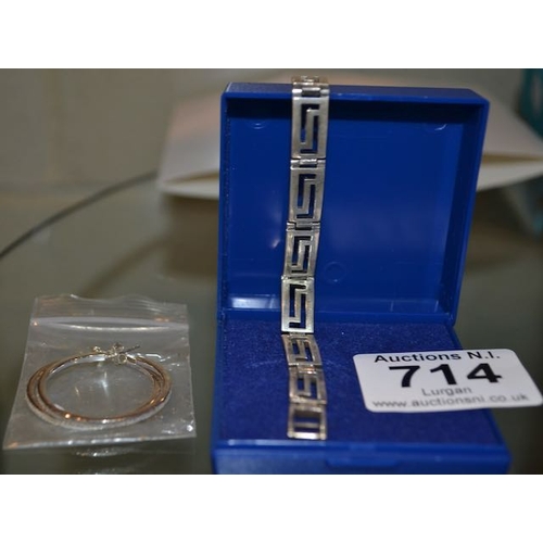 714 - Silver Link Bracelet + Pr Of Silver Hoop Earrings