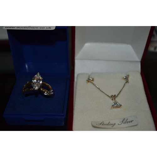 720 - Silver CZ Necklace & Earring Set + Dress Ring