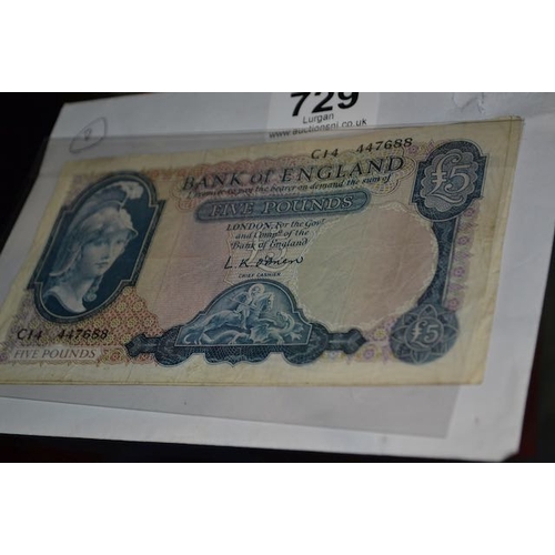 729 - 2 x 1957 L.K O'Brien Lion & Key £5 Notes