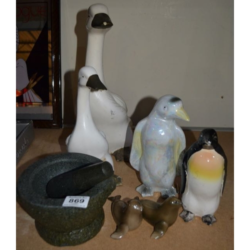 869 - Animal Figurines + Mortar & pestle