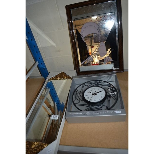 870 - Celtic Ironwork Clock Boxed + Gilt Framed Mirror + Framed Vogue Mirror